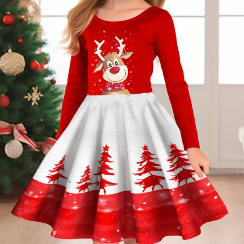 New Children Christmas Dress Girls Role Dressing Up Kids Party Gown Vestidos Teen Xmas Cartoon Print Princess Dress 3-10 Years