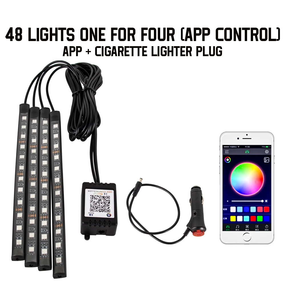 Neon 48 72 LED auto-interieur omgevingsvoetlicht met USB draadloze afstandsbediening muziek app-bediening auto RGB sfeer decoratieve lampen