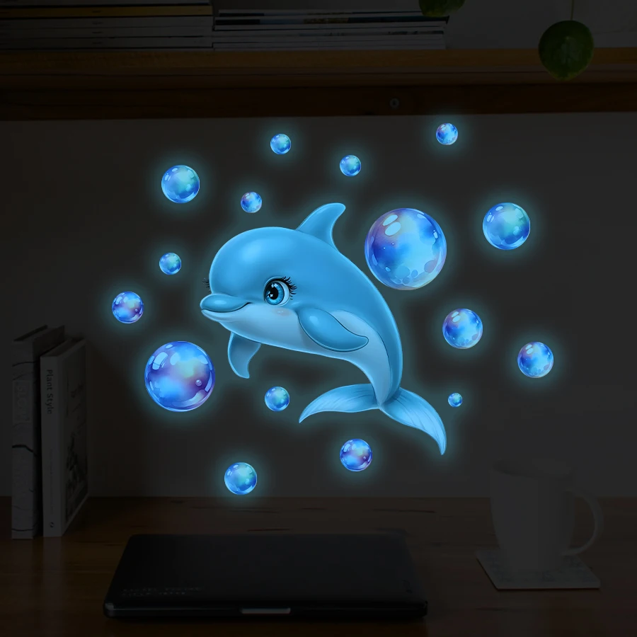Glow-in-the-Dark Dolphin Bubbles Wall Stickers - Ocean Theme Kids Room Decor Removable Self-Adhesive Decals For Nursery Bathroom