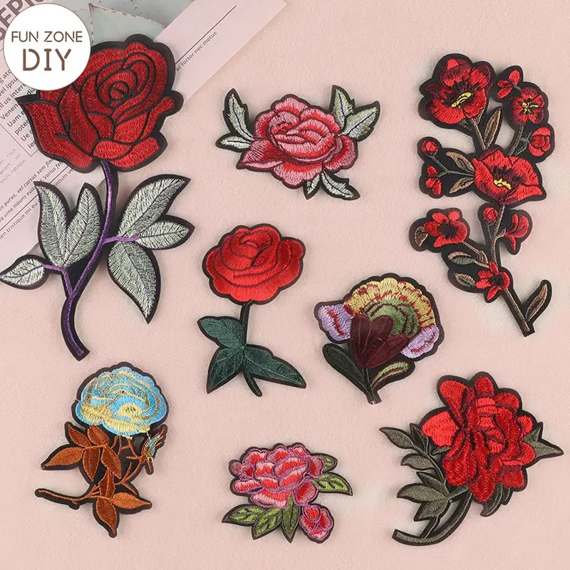 FZdiy Patches for Clothing Rose Flowers Thermoadhesive Patch Iron on Patches Embroidery Applique on Clothes