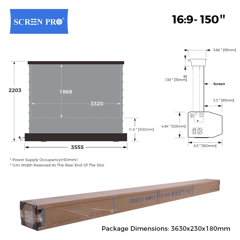 150 inch Electric ALR Rollable Floor Rising Projector Screen Grey 16:9 Ambient Light Rejecting for Long Throw Projector 4K 3D