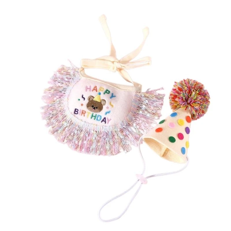 2PCS Pet Birthday Hat with Bandanas Dogs Hat with Sequins Bib for Celebration