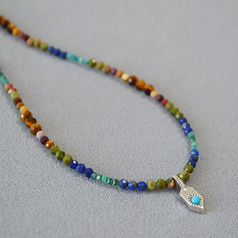 

French Romantic Retro Literary Turquoise Stone Pendant Colorful Multi Beaded Necklace Contrasting Color Versatile Clavicle Chain