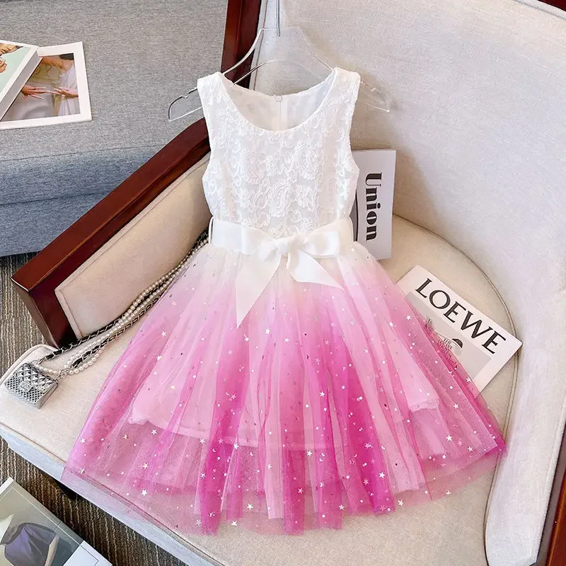 Dress for Kids 2024 New Summer Clothes for 2-8Y Children Clothing Pink Ombre Princess Casual Dress for Girls Birthday Party Wear