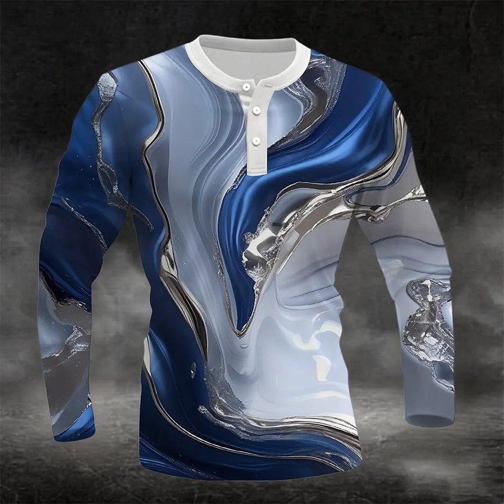 

Metallic Textured Wavy Stripes Henley T-Shirt For Men 3D Print Fashion Cool Long Sleeve Pullover Autumn Refreshing Color Clothes
