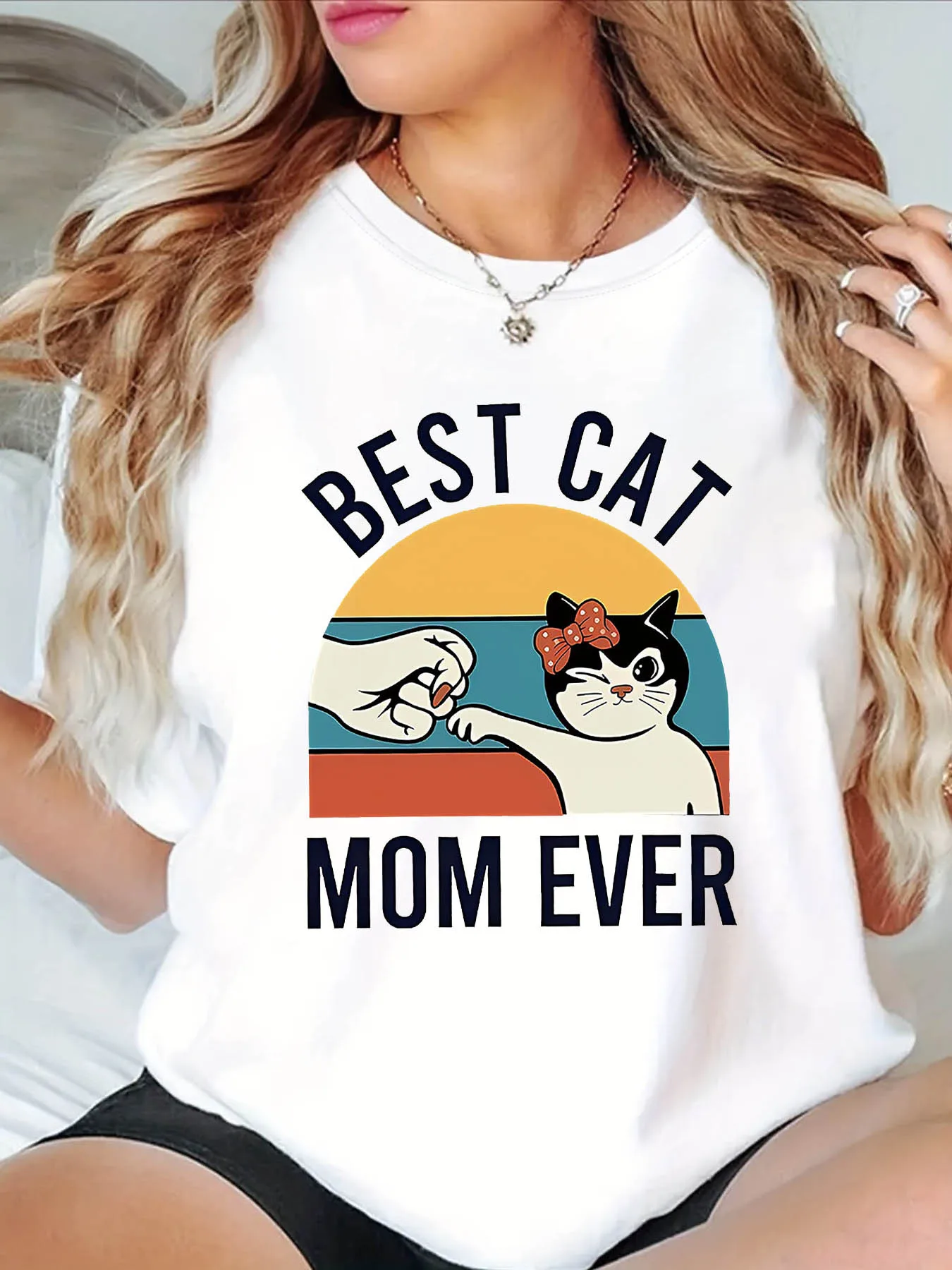 BEST CAT MOM EVER Graphic Print Women's T-shirt Short Sleeve Crew Neck Casual Top for Spring Women's Clothing Aesthetic Clothe
