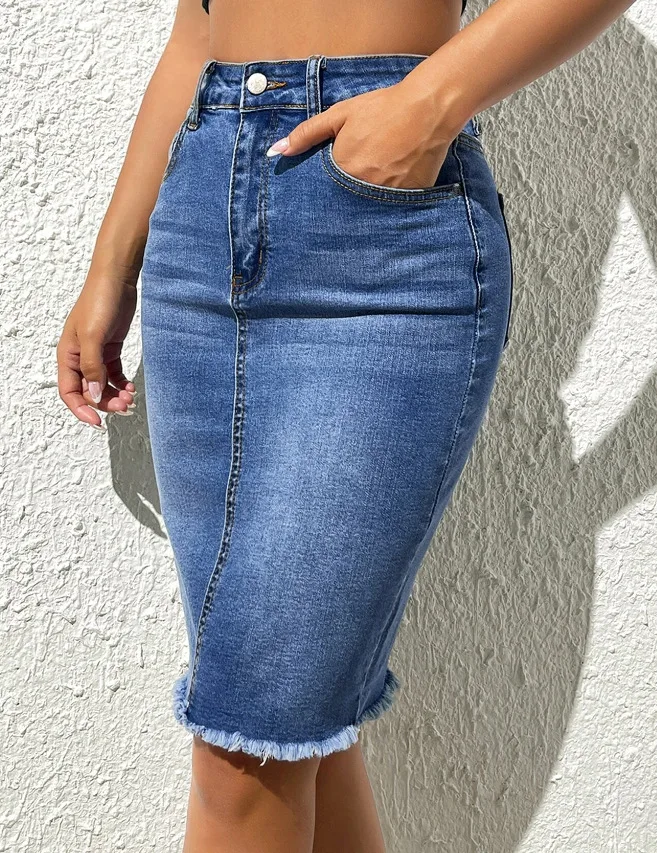 Skirts Women Denim Skirt Mid Length Slim Fit Solid High Waist Casual Regular Elegant Splice Hip Wrap Button Pocket Summer