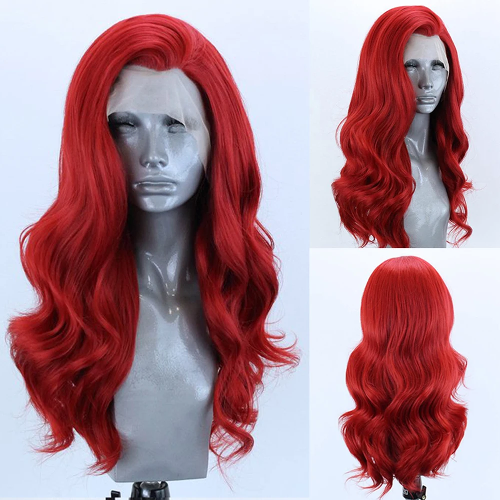AIMEYA 13x4 Red Lace Front Wig Long Body Wave Synthetic Hair Glueless Natural Hairline Daily Wear Cosplay Wigs for Women Party