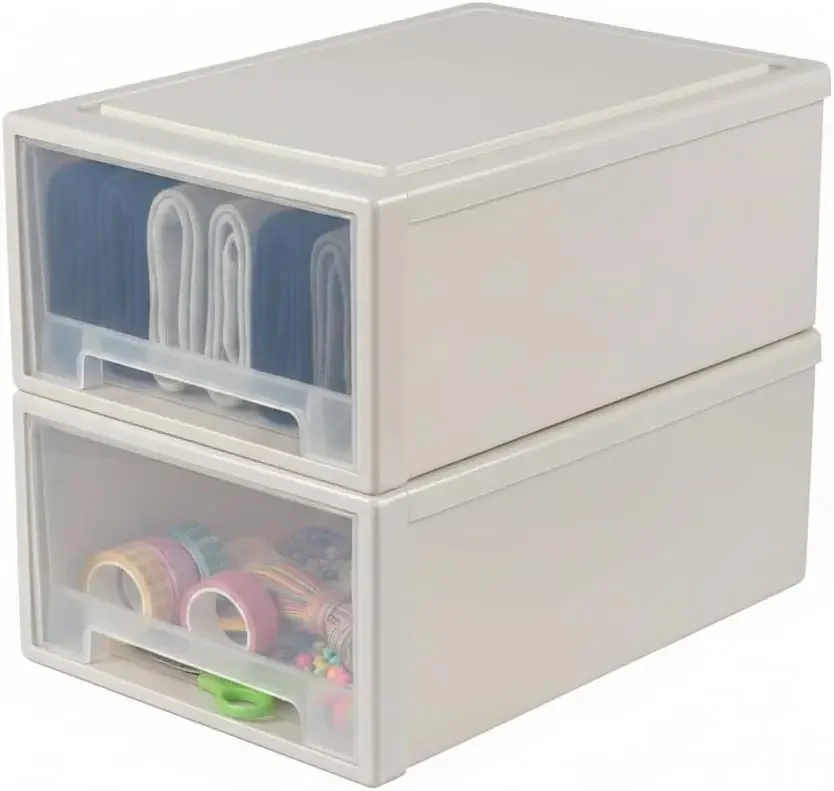 17.8 Quart Desktop Stackable Plastic Storage Drawers, 2 Pack, Beige | Drawer Boxes