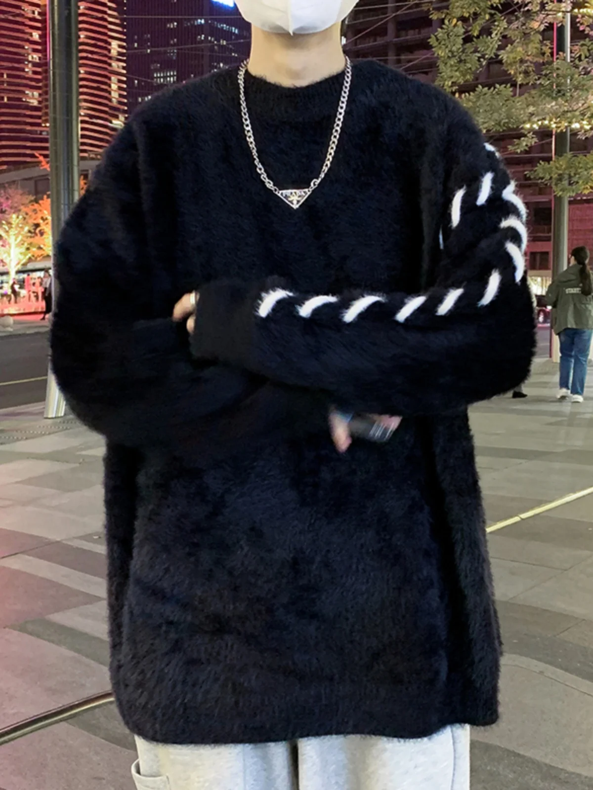 

Зимний мужской свитер из норкового бархата с круглым вырезом, вязаный, в стиле Гонконг, повседневный, городской, свободного кроя, с длинными рукавами, винтажный, в американском стиле