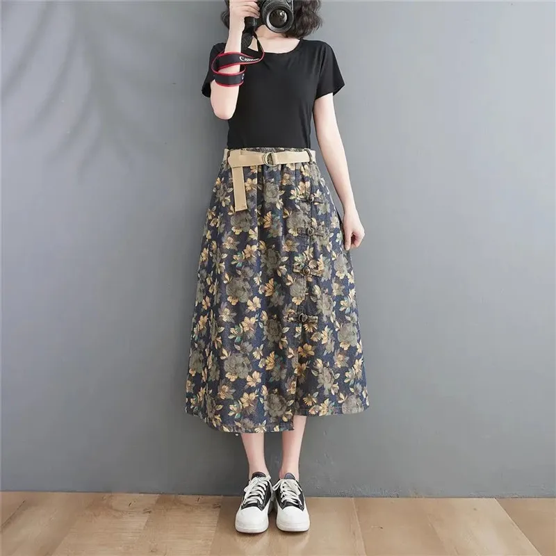 

2023 New Design Women's Vintage Denim Printed Flowers Skirt Ladies Elastic Long Skirts Girl A-Line Elegant Casual Clothes юбка