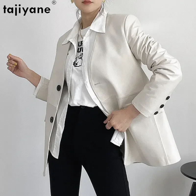 Tajeyane-Chaqueta de piel auténtica para mujer, abrigo elegante de piel de oveja auténtica, con cuello en V, color blanco