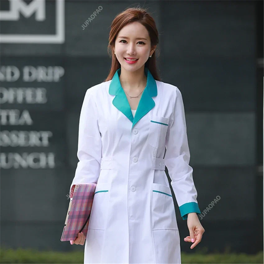 Abrigo de laboratorio para mujer, uniformes médicos de moda, Chaqueta larga con cinturones laterales, Manga corta/manga larga, ropa de trabajo, abrigo blanco para farmacia