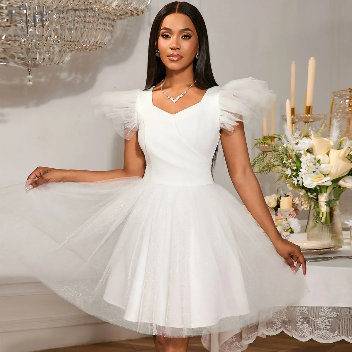 

Wedding V-neck Flutter Sleeve Dress Elegant Puffy Mesh Evening Bridesmaid Dress Lady 2025 Summer Dress Robe Vestido Women