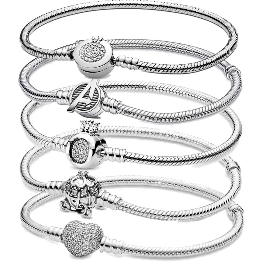 100%S925 Sterling Silver Love Crown Snake Bone Bracelet, Suitable for Original Pandora Bracelet, Women's Engagement Jewelry Gift