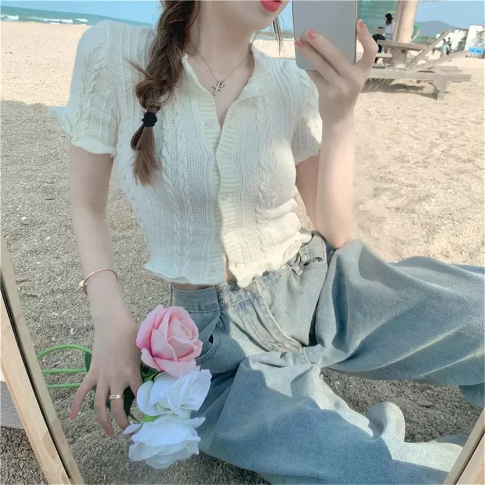 Korean Style Fashion White Cardigan Women Summer Ruffles Striped O-neck Sweet All-match Casual Students Stylish Cropped Tops