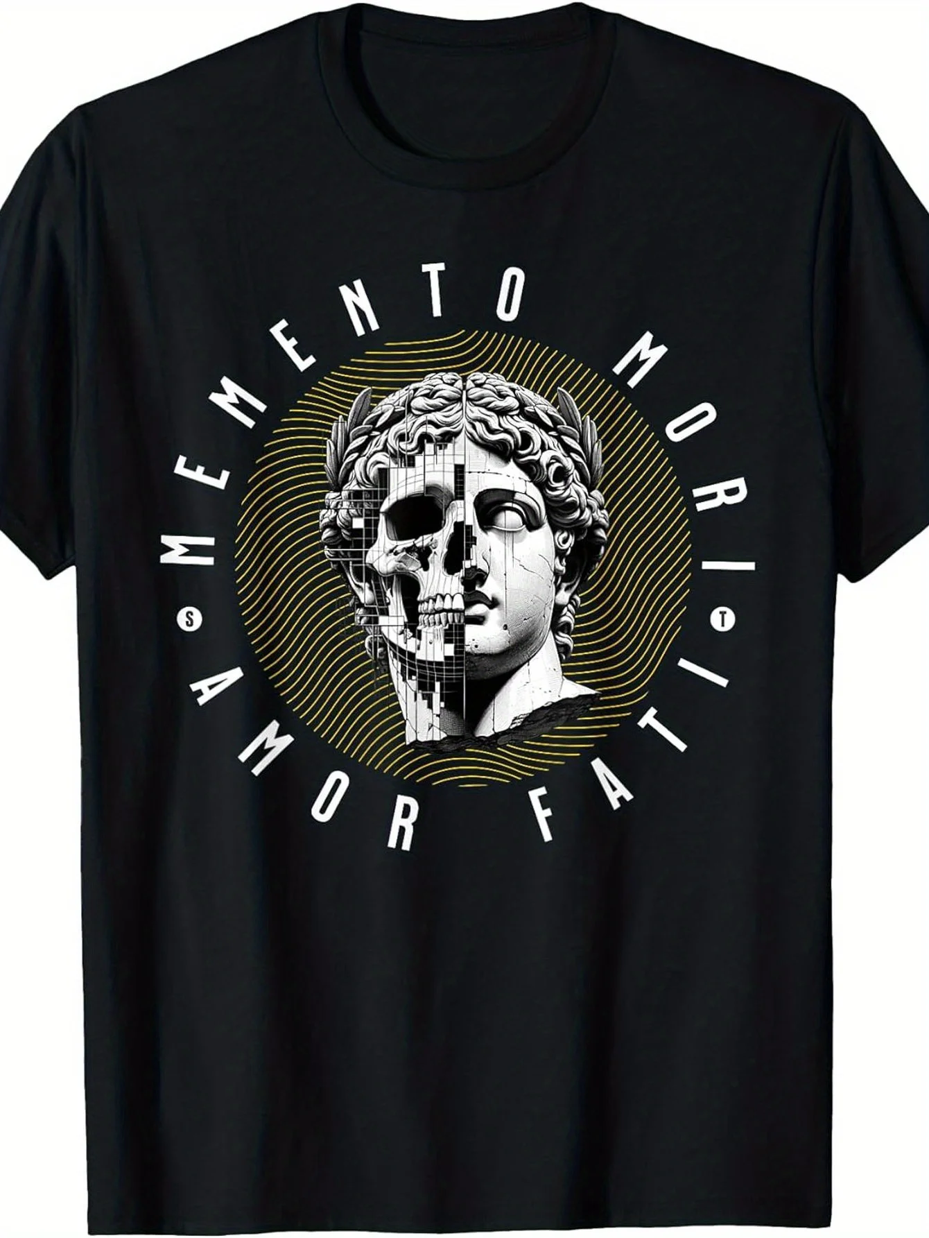 Men's Memento Mori Amor Fati Stoicism T-Shirt Latin Quote Greek Key Skull/Medusa Print Design Loose Fit Crew Neck Casual