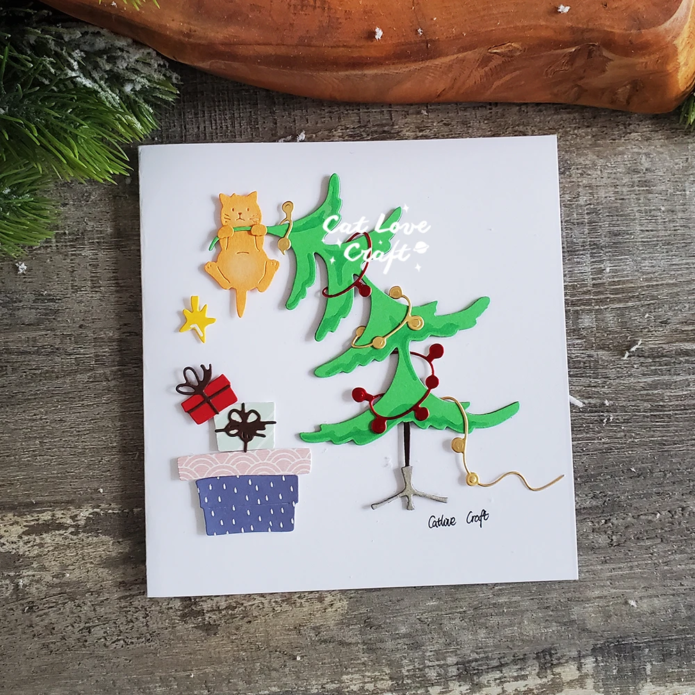 Catlove Christmas Tree Gifts Cat Metal Cutting Dies Scrapbooking Stencil Die Cuts Card Making DIY Craft Embossing New Dies For view 3
