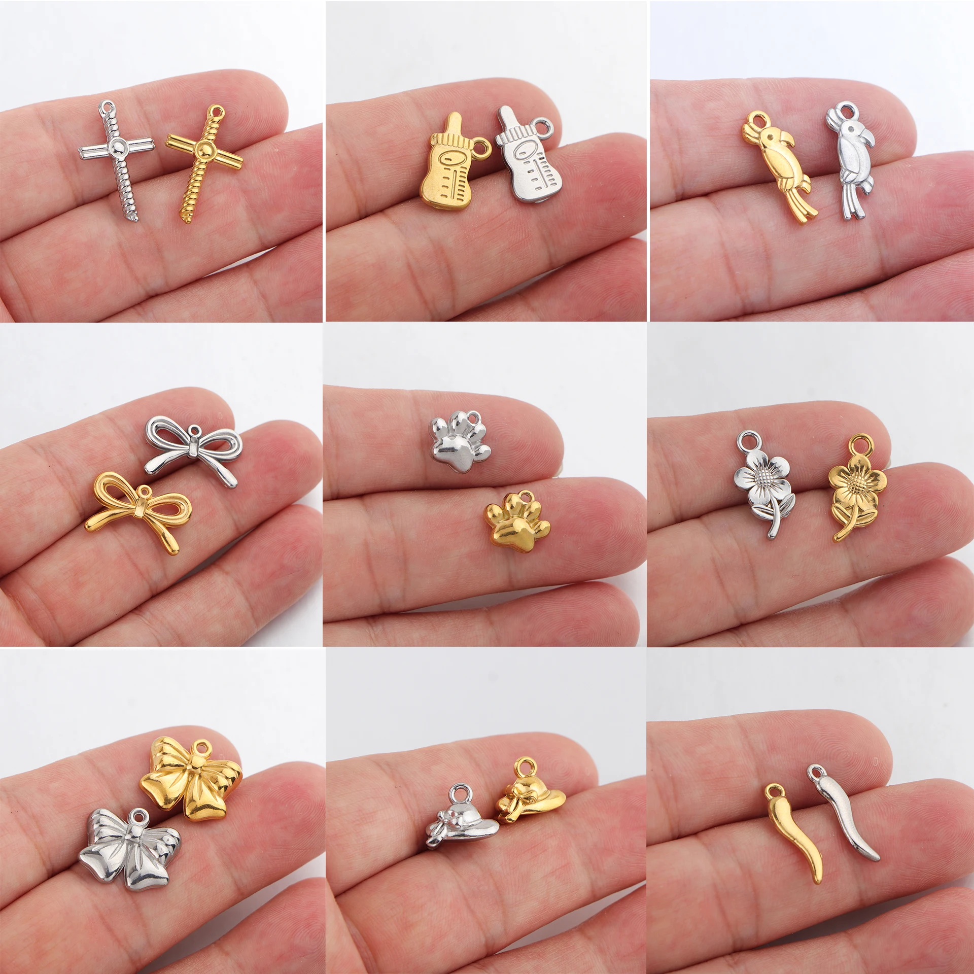 10pcs/lot Stainless Steel Pepper Cross Bottle Bird Bow Flower Hat Pet Paw Charms Mini Pendants for DIY Jewelry Making