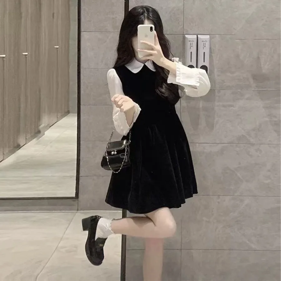 

【New style】Original twill Hepburn style small black skirt French temperament high-end feeling small man doll collar long sleeve