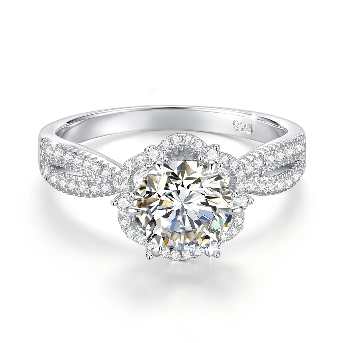 Vintage Kronen-Halo-Ring 18K vergoldet 925 Silber Runder Moissanit-Mittelstein Verlobungs- und Hochzeitsschmuck Geschenk für Frauen – Detail 9