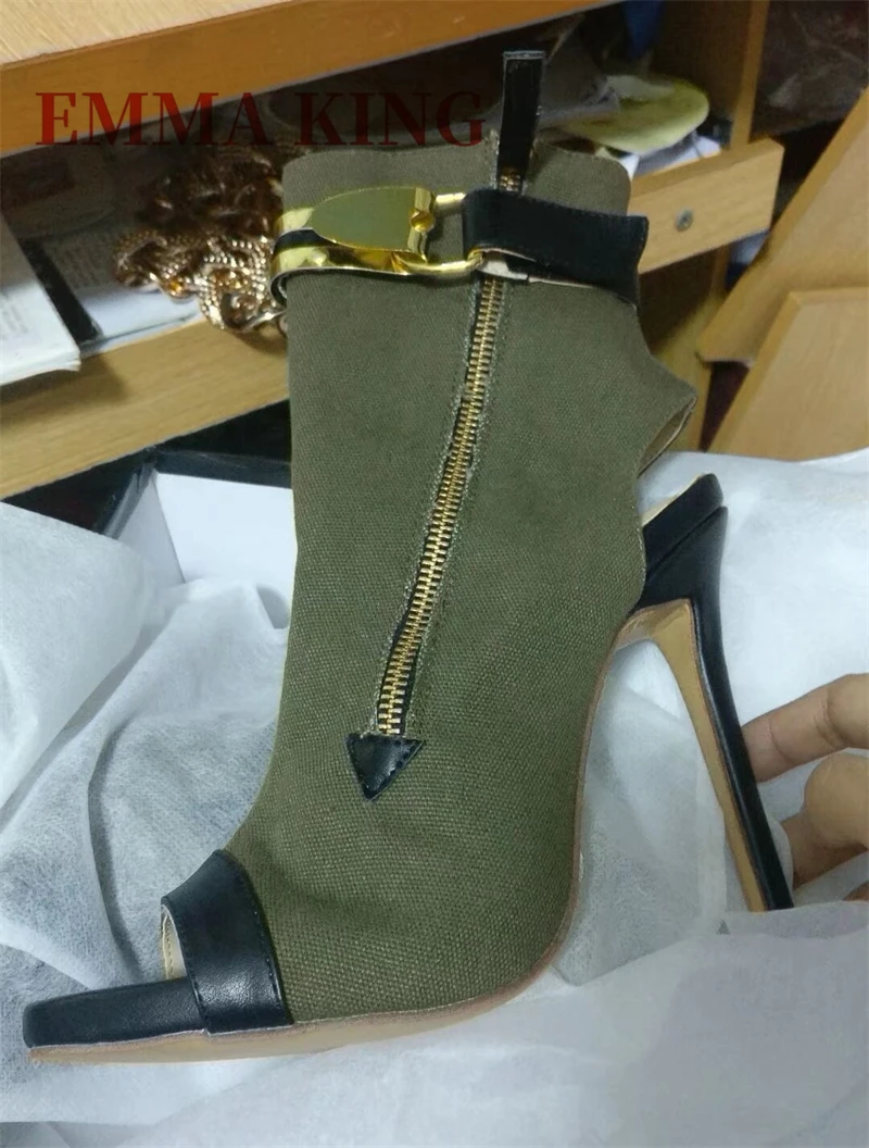 الجيش الأخضر قماش حذاء من الجلد مثير خنجر الكعوب الذهب مشبك معدني ديكور أحذية بوت قصيرة الجانب سستة المفتوحة تو رقيقة أحذية عالية الكعب