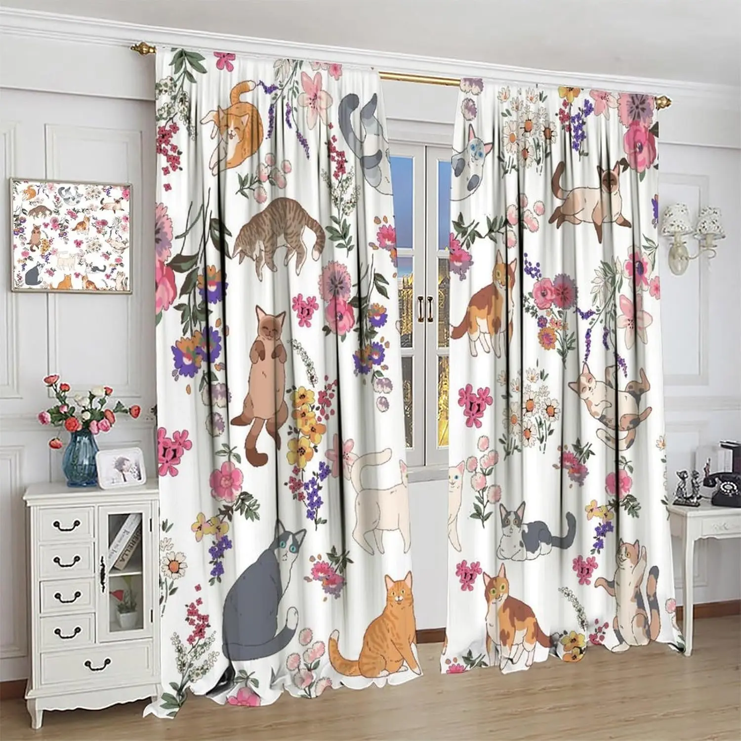 Cute Cat Curtains,Funny Kawaii Floral Kitten Watercolor Colorful Aesthetic Art Pet Love Animal Window Treatments for Kids Girls
