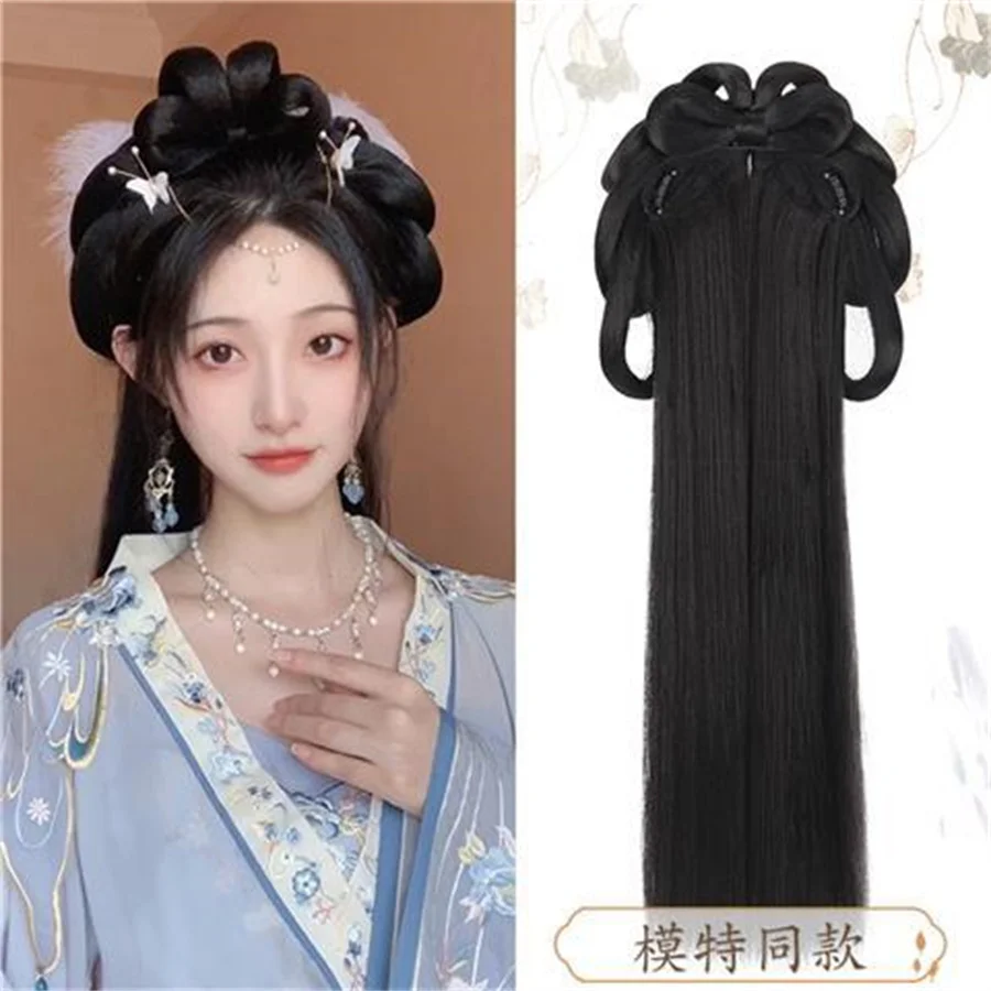 Women Synthetic Hanfu Headband Hair Extension Chinese Style Cosplay Antique Hairpiece Hair Accessories Headdress Black