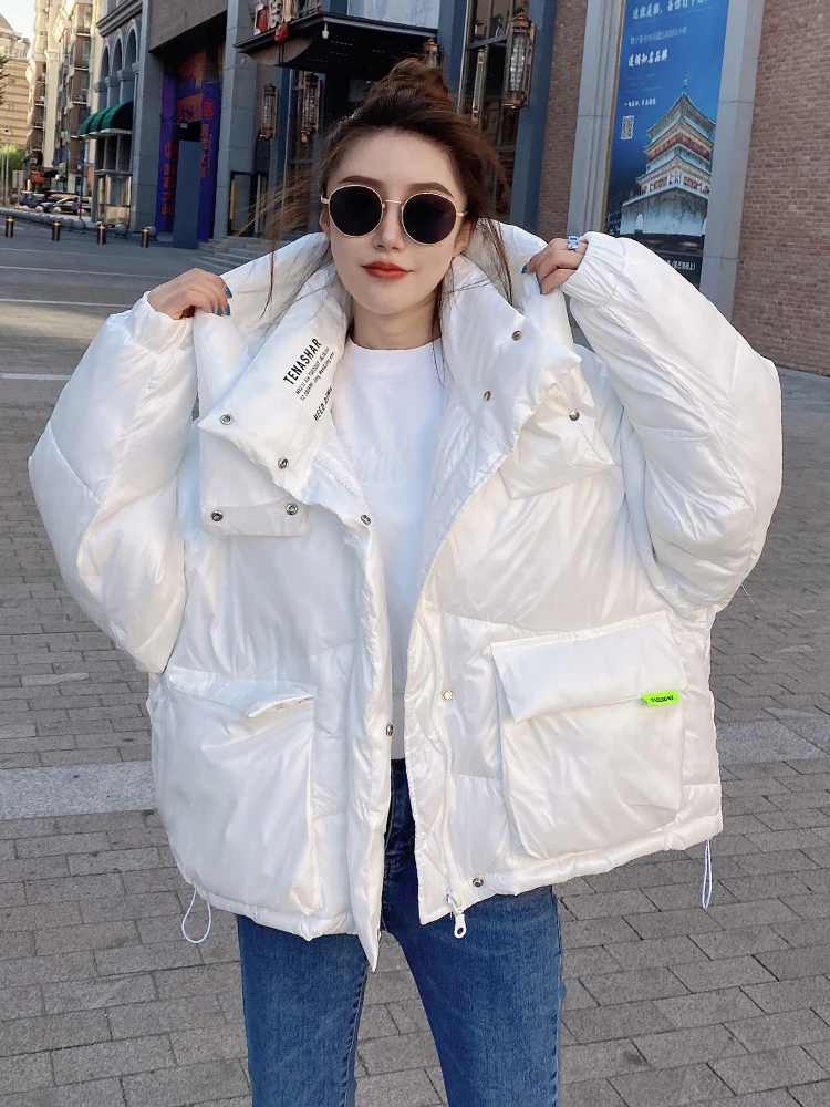 Parkas curtas femininas com capuz, Jaqueta Bomber Puffer, Casacos acolchoados de algodão quente, Casacos elegantes, Streetwear extragrande, Inverno,