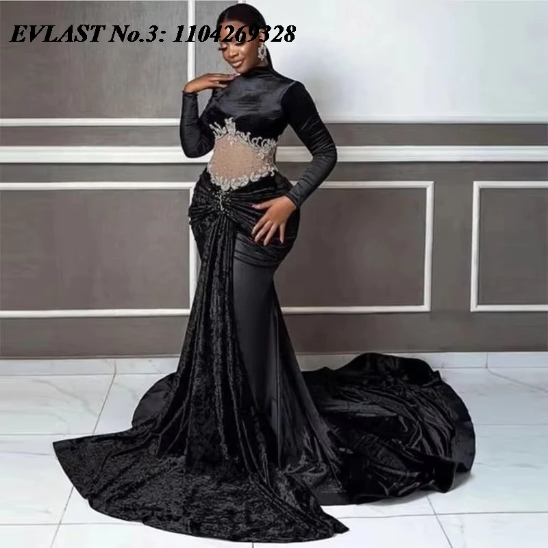 EVLAST Personalizzato Aso Ebi Nero Sirena Abito da ballo Manica lunga Collo alto Ragazze Applique in pizzo Abito da sera Robe De Soirée E3P453