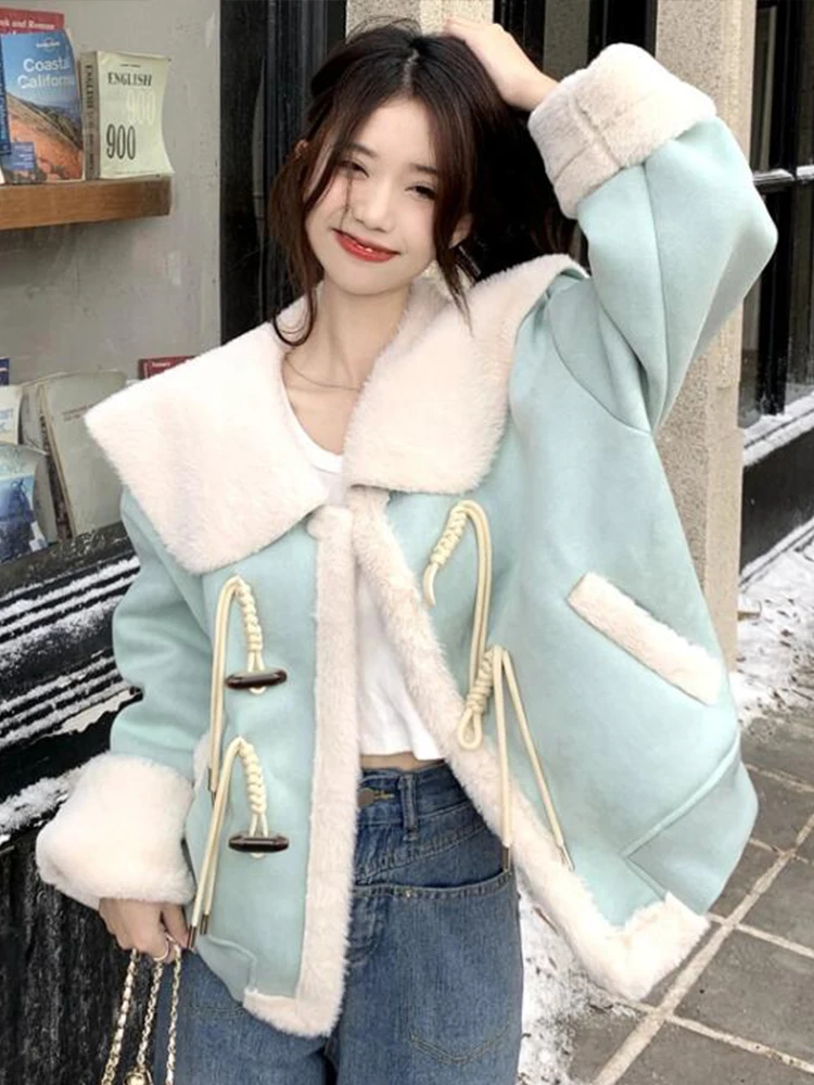 Oversized Fleece Jacket Women Winter Warm Sailor Collar Faux Coat Female Korean Fashion Casual Long Sleeve Horn Button Outerwear