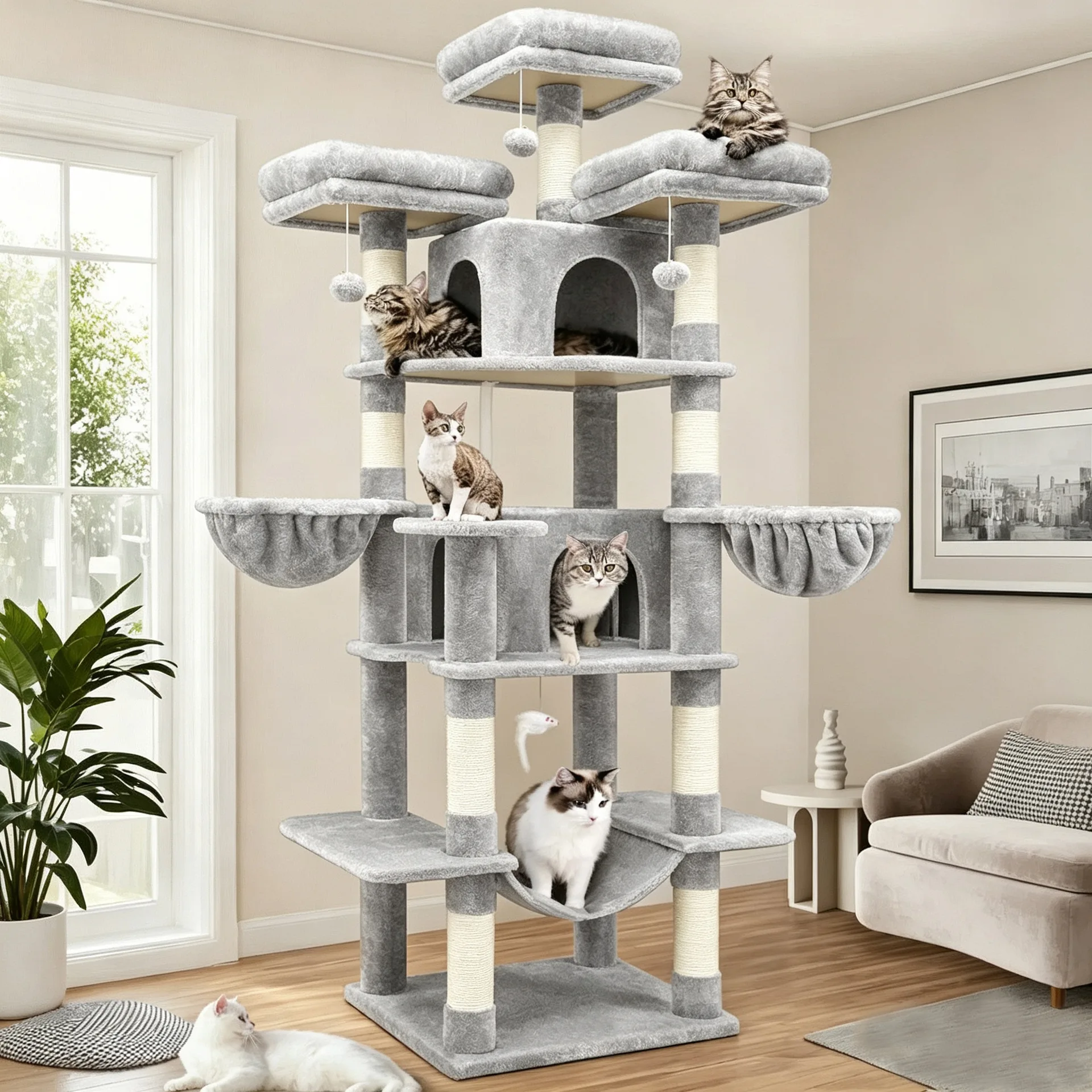 55×45×204cm Large All-in-One Cat Tree with Cat Bed, Space Saving Cat Tower with Jump Platform, Indoor Pet Furniture for Cats