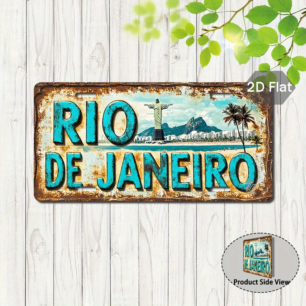 2D Flat, 1pc Vintage Rio de Janeiro & Christ the Redeemer Brazil License Plate Wall Art Sign - Large 14.99cm x 30.48cm (59