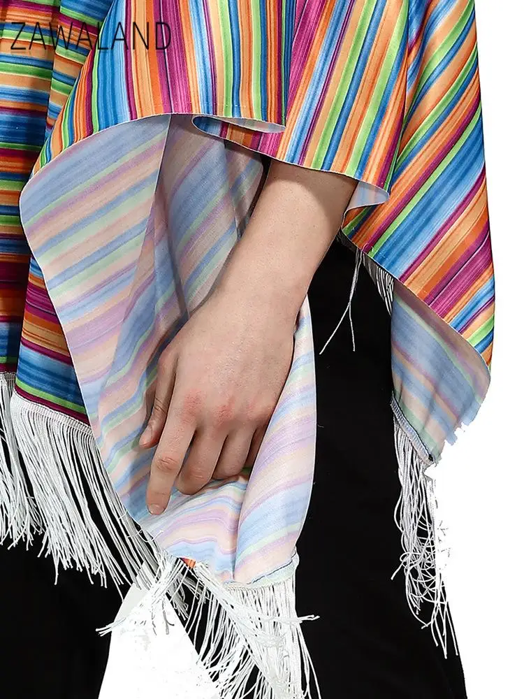 Zawaland Mexican Cape Carnival Dance Party Cosplay Costume Colorful Striped Cloak Men Holiday Outfit Wear Adult Funny Clothes