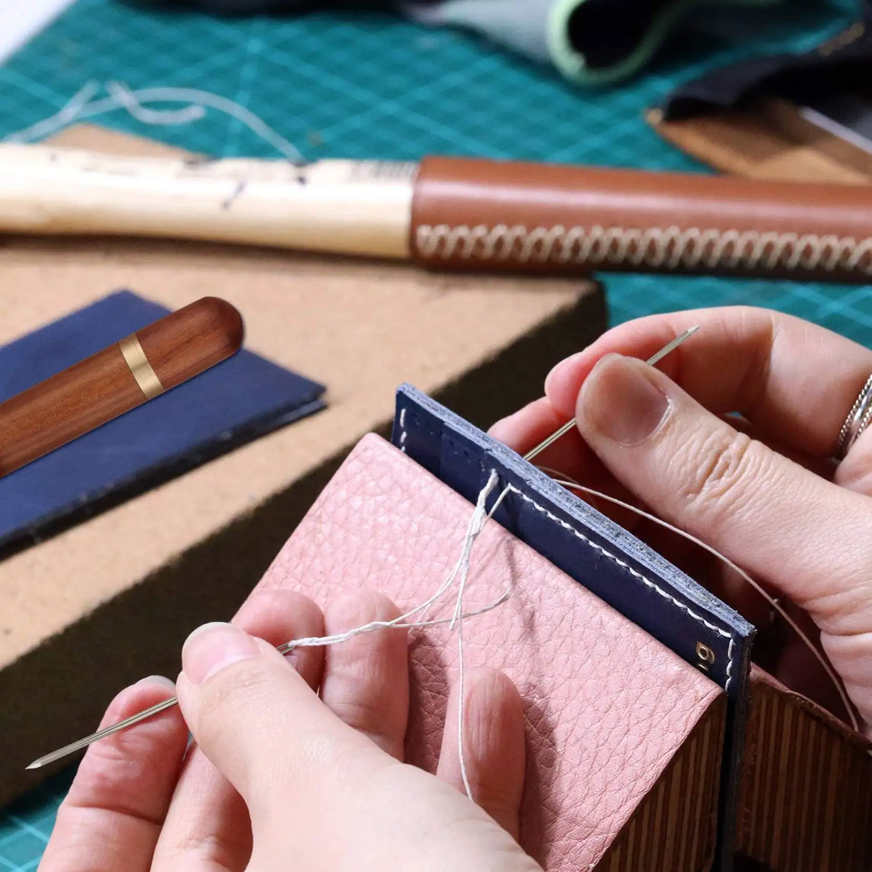 BAAG-4Pcs Wooden Needle Case With 48 Self Threading Needles And 8 Large-Eye Leather Stitching Needles For Handmade Sewing