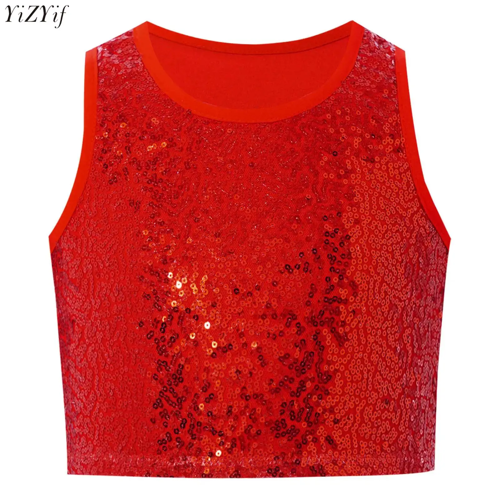 

Kids Girls Shiny Sequins Tank Top Camisole Sleeveless Round Neck Vest School Hip hop Jazz Dance Crop Tops for Stage Performance