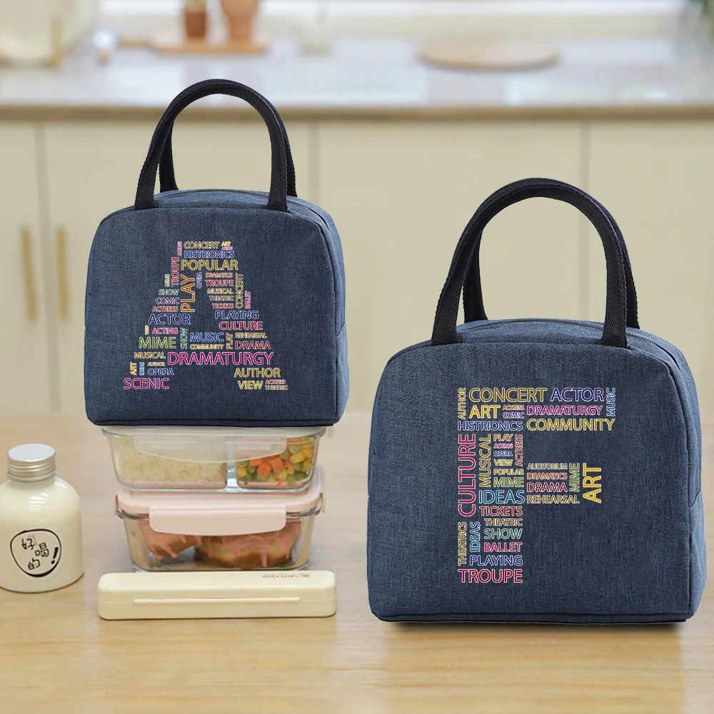 Portable Lunch Bag for Women Insulated Canvas Cooler Bag Thermal Kids Food Tote for Work Picnic Lunch Bags Girl Text Pattern