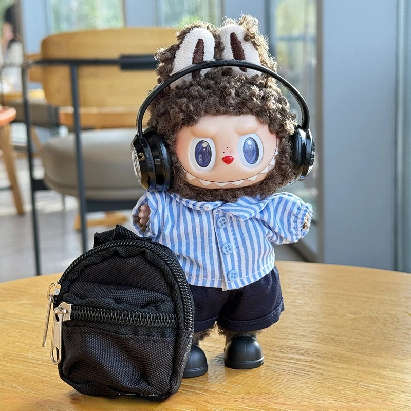 

Trendy Street Style Outfits For 15/17cm 1st 2nd 3rd Gen Labubu Dolls With Black Headphones Sunglasses Blue White Striped Shirt