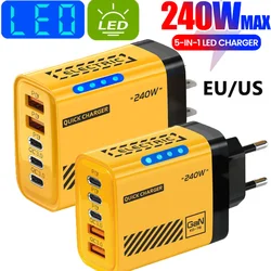 240W GaN Charger 5 Ports 3USB 2Type-C Fast Charging US/EU Plug With LED Light Desktop Power Adapter For Iphone Huawei Xiaomi