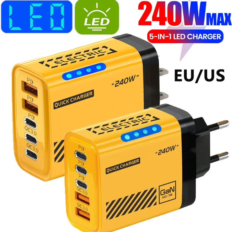 240W GaN Charger 5 Ports 3USB 2Type-C Fast Charging US/EU Plug With LED Light Desktop Power Adapter For Iphone Huawei Xiaomi