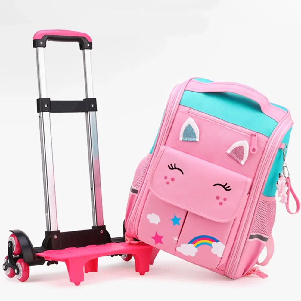 Children Cartoon Trolley School Bag Backpack Bookbag For Gril Kids 3/6 Wheels Schoolbag Student Handbag Detachable Pull Rod Case