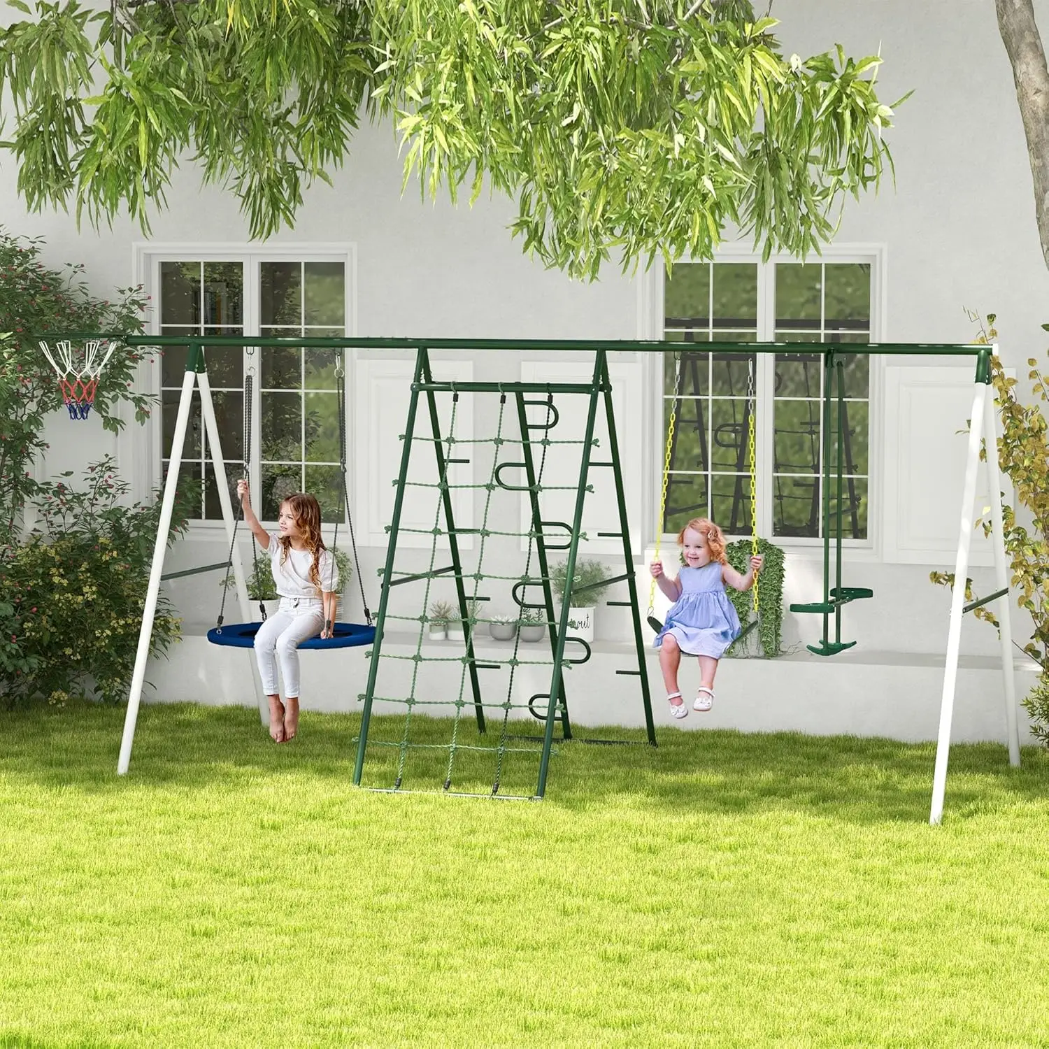 Outsunny 528 lbs Swing Set for Backyard, 5 in 1 Heavy-Duty A-Frame Stand Outdoor Playset for Kids, with Saucer Swing, Slide,