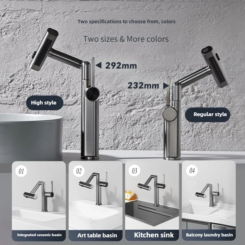 Mechanical Arm Faucet Explosive-Proof Washbasin Mixer 1080° Rotatable Tap with Four Water Modes Dual Hot Cold Control