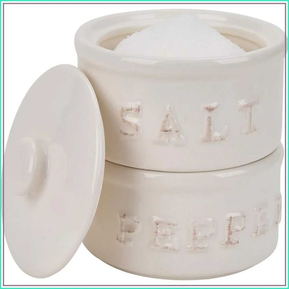 

Vintage Ceramic Salt & Pepper Shaker Set Stackable Bowls with Lids, White