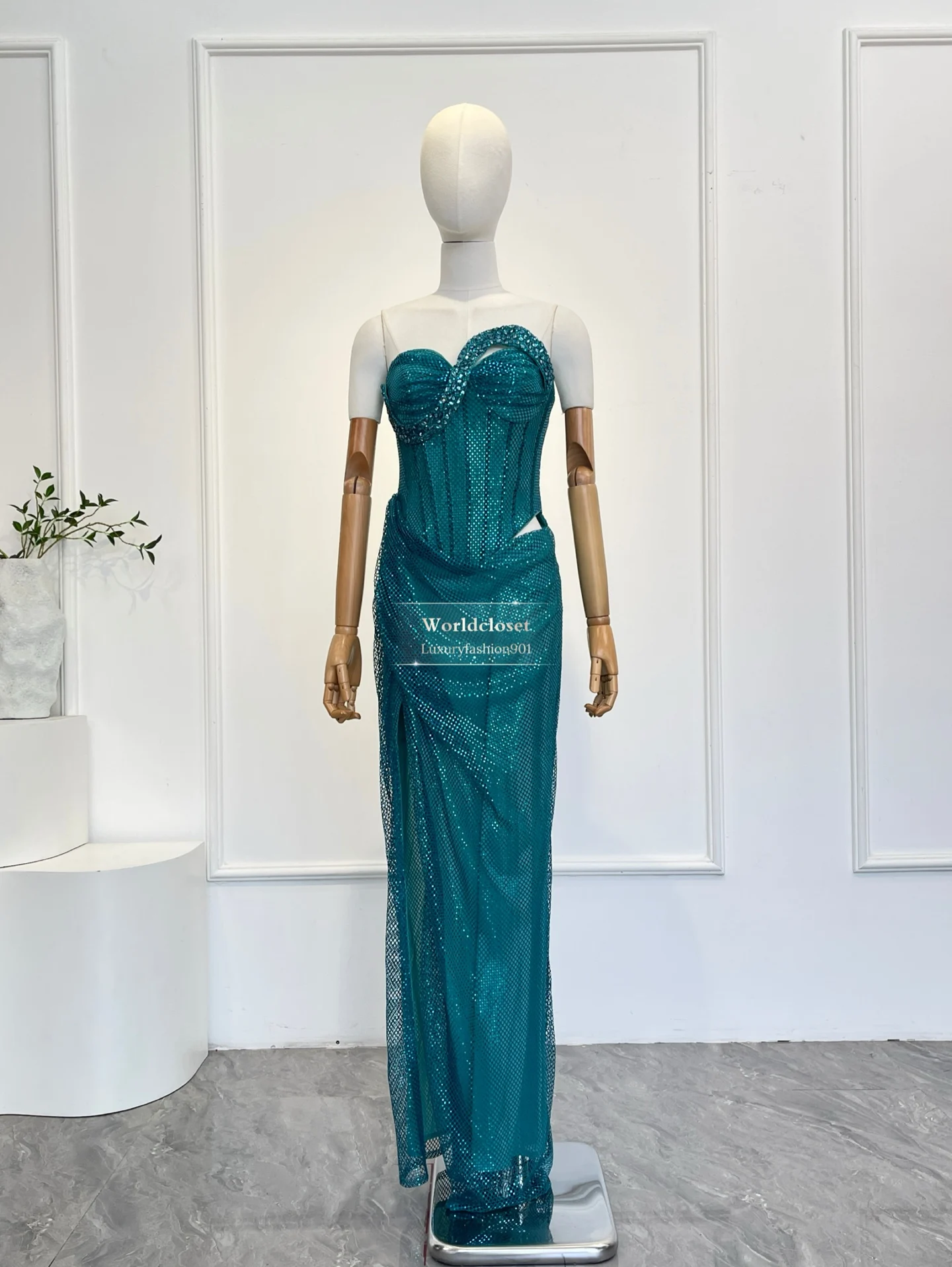 

Teal Mesh Patchwork Crystal Embellished Cutout High Slit Evening Dress