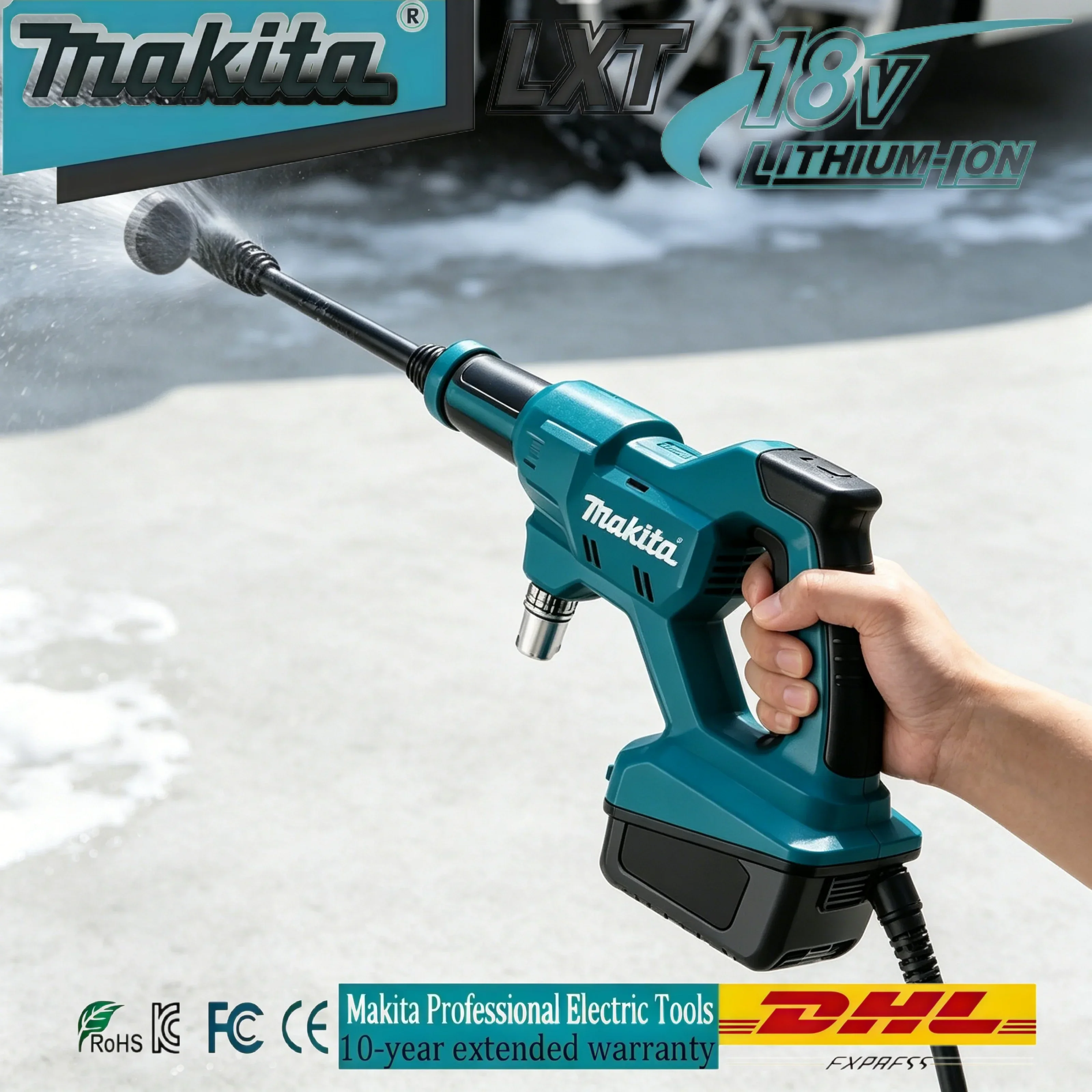 5 Sprühmodi Hochdruck-Autowaschpistole Makita DHW180 18V Lithium-Akku Tragbarer Outdoor-Wasserreiniger für Auto, Haus und Garten