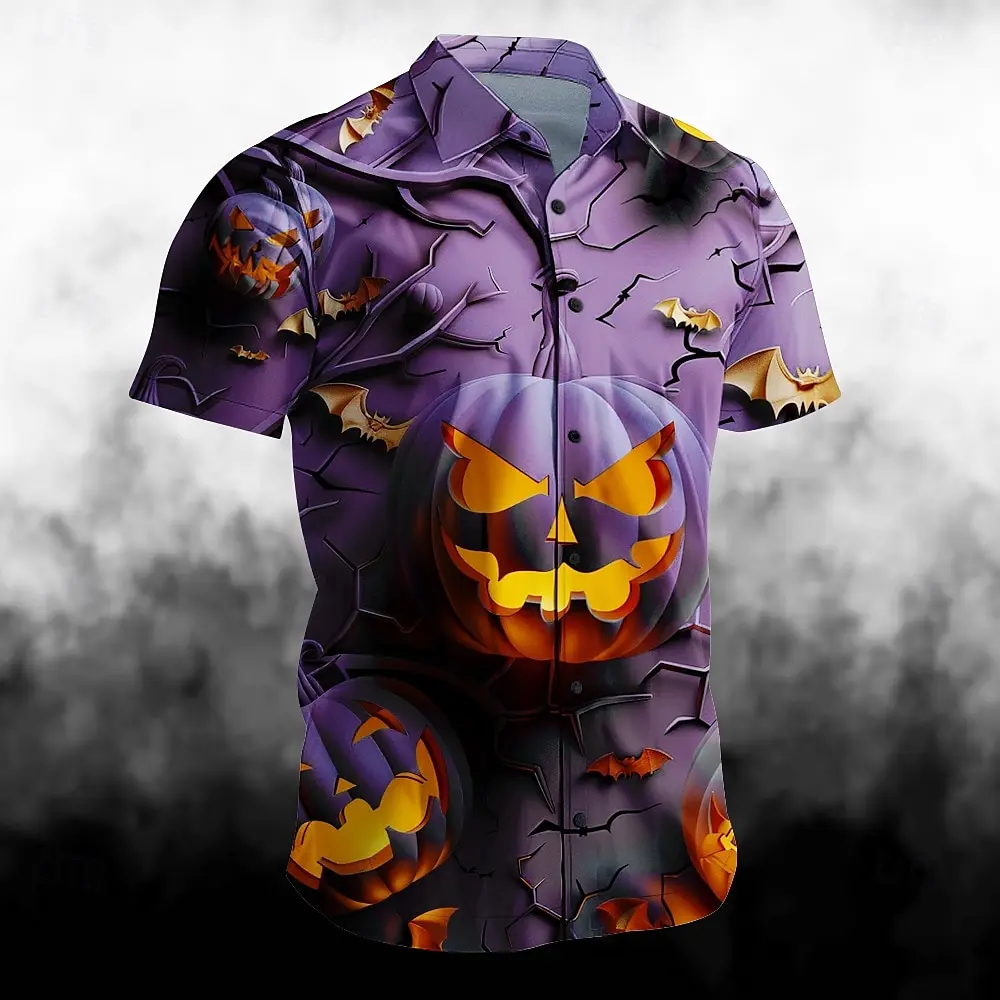 Camisa de Halloween para hombres, camisa de manga corta con estampado de cabeza de calabaza de terror, ropa informal para vacaciones, camisas hawaianas de gran tamaño