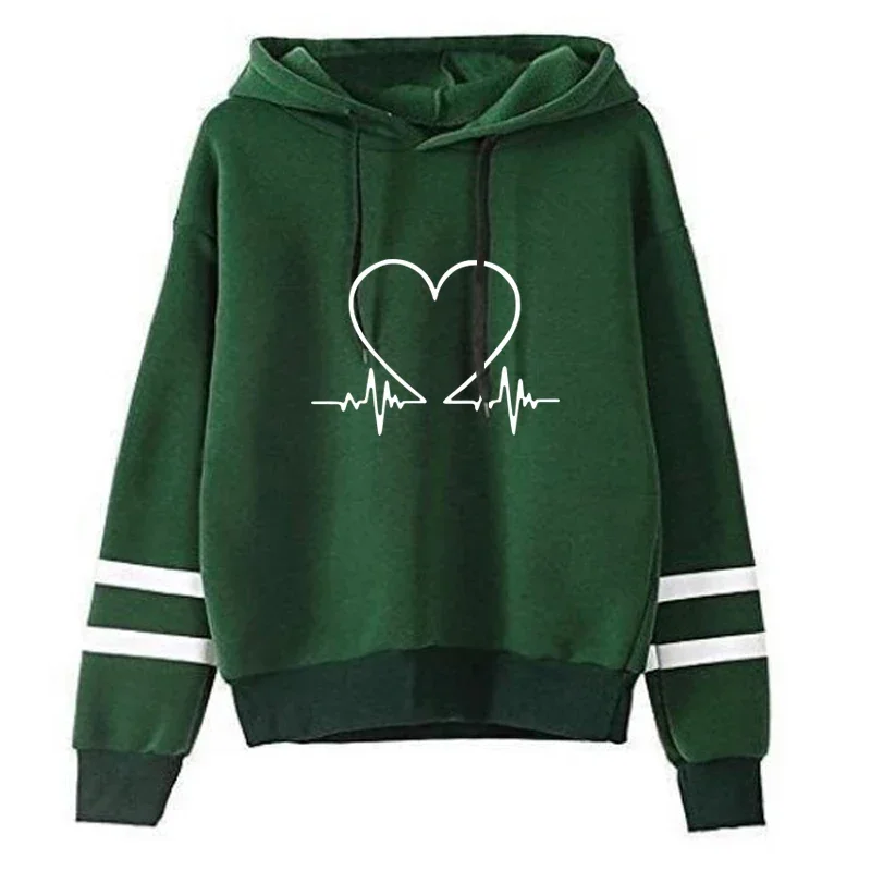 Women Sweatshirt High Quality Hooded Long Sleeve Pullover Heartbeat Printed Autumn Winter Female Home Outdoor Comfort Hoodies