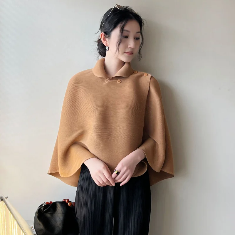 

Sunya.1-Miyake Women's Top Autumn Spring New High-End Pleated Korean Lazy Style Elegant Cape Top [2225]
