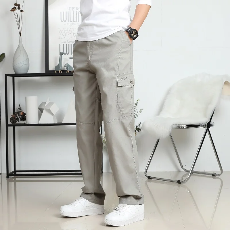 Large Size Men's Cargo Trousers Straight Leg Work Pant Men Loose Fit Cotton Wide Overalls Male Side Multi Pocket Plus Size